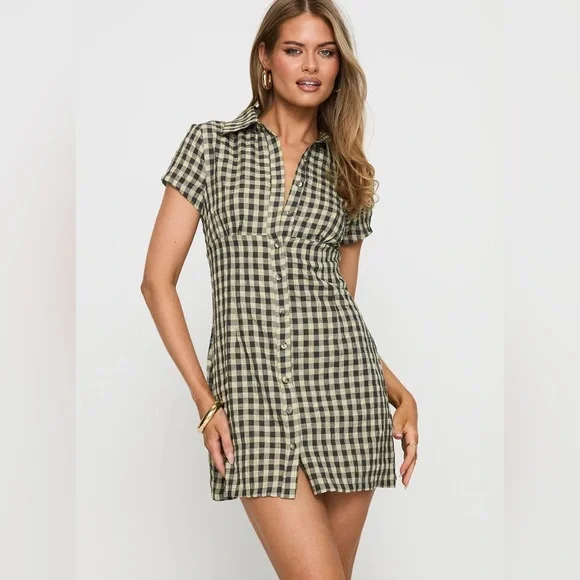 NWT Princess Polly Motley Mini Dress Brown Check Shirt Dress - Picture 1 of 6